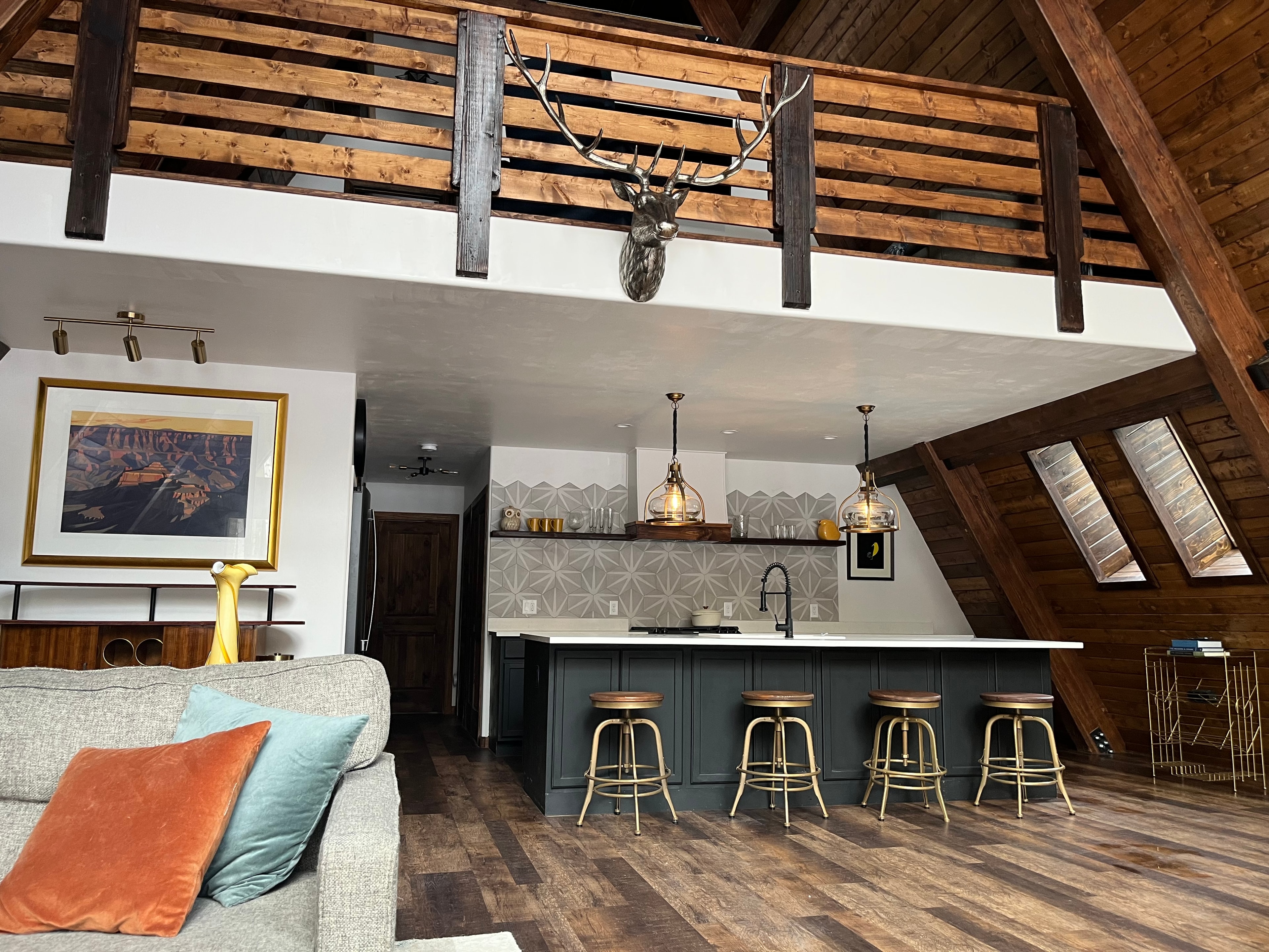 Mid-century modern living room with wood beams
